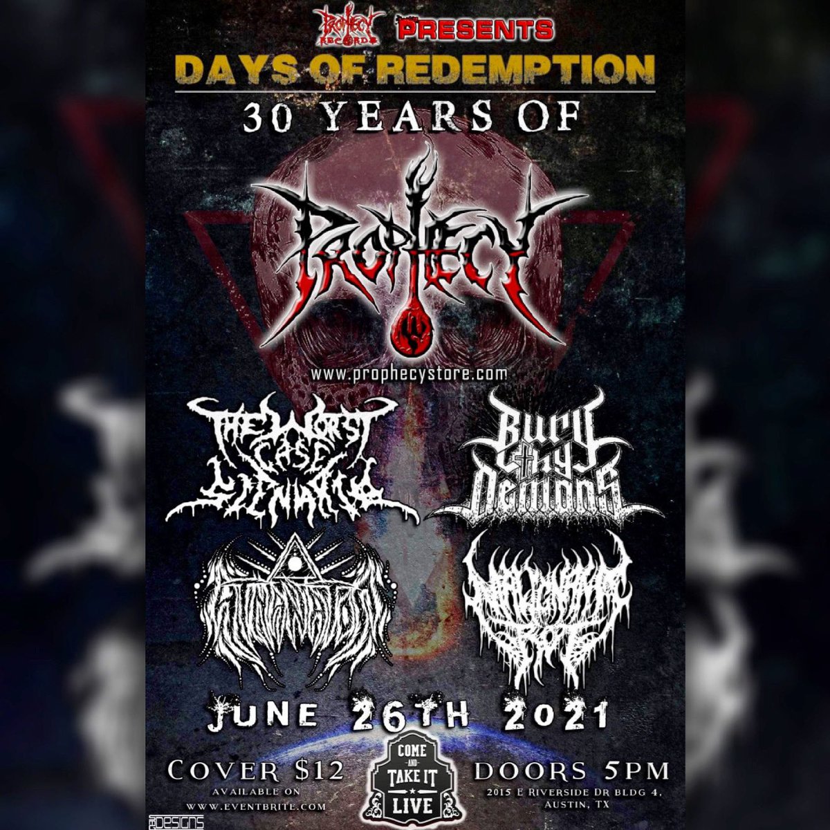 🚨June 26th!🚨

We are happy to be back in Austin, at our favorite venue @comeandtakeitlive on this amazing package!

Set times:
@malignant_rot_tx 7:30
@athanatosmetal 8:25
@burythydemonsofficial 9:00
<a href="/twcs/">Carl Schuyler (TW)</a>.official 10:15
@prophecytxofficial 11:15