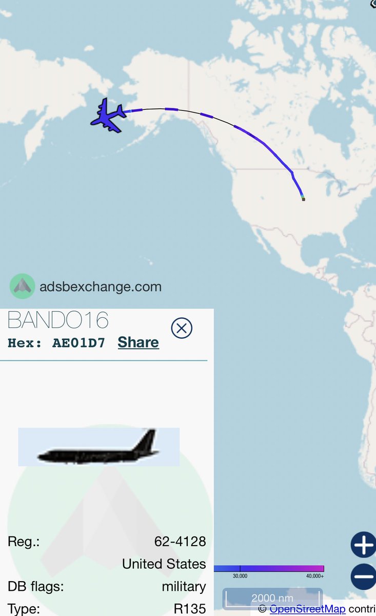 SpeckleBelly64's tweet photo. USAF RC-135S Cobra Ball (collect optical and electronic data on ballistic targets) up from Offutt AB, appears to be direct flight to Pacific area of operations. 

#BANDO16 #AE01D7 reg:62-4128 https://t.co/r711kVJcC4
