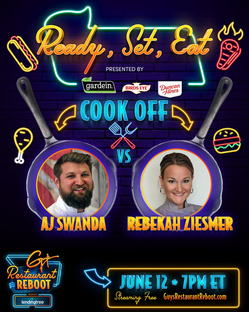 Get ready because Guy's Restaurant Reboot is bringing the heat in the kitchen tonight! 🔥 Tune in at 7pm EST to watch <a href="/GuyFieri/">Mayor Guy Fieri</a>  host this cook-off between chefs AJ Swanda and Rebekah Ziesmer. Follow this link for the YouTube livestream: youtube.com/watch?v=6Vcult…