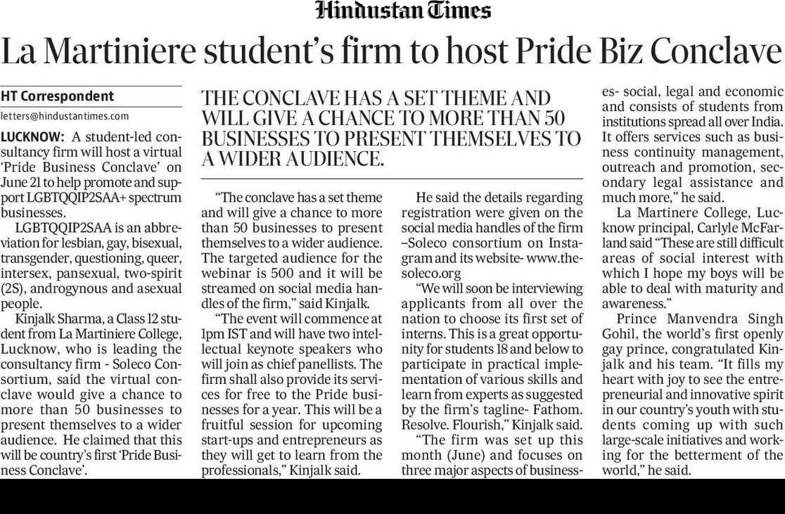 rmulko's tweet photo. Kinjalk Sharma, a Class 12 student from La Martiniere College, Lucknow will host a virtual ‘Pride Business Conclave’ on June 21 to help promote and support LGBTQQIP2SAA+ spectrum businesses. https://t.co/YfMO64nOaX