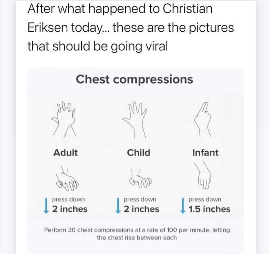 MrWatsonHNMCS's tweet photo. Today’s Denmark vs Finland soccer game served as an important reminder for us all to brush up on our First Aid and CPR after Christian Eriksen fell unconscious on the pitch. https://t.co/zlKwOwPLvC