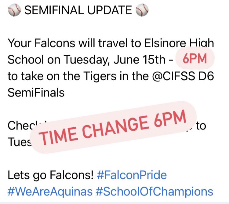 AquinasAthSB's tweet photo. ⚾️ SEMIFINAL UPDATE⚾️

This is now a NIGHT GAME - 6pm at Elsinore HS. 

See you then!
@SportswithPep @CallMeEPJ @derryl_golfer @PEcom_preps @PrepDogNow https://t.co/tfR9hkZb7k