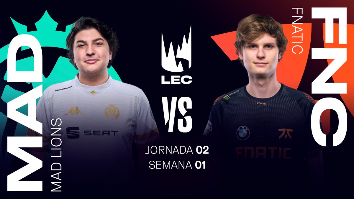 LVPesLoL's tweet photo. ¡Seguimos en directo con la segunda jornada de #LEC!
🟢 Quinto partido: @MADLions vs. @FNATIC
📺 https://t.co/vMMCKyK378 #LECVerano2 https://t.co/oz4A6Y5nGR