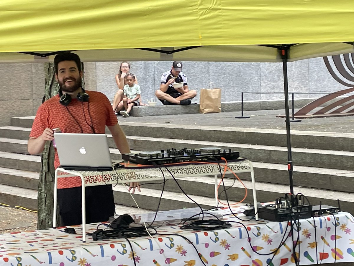 Harrison_BHS's tweet photo. Purbalite all-star alum Dave Shoemaker, aka DJ Shoe, rocks the courtyard at the Carnegie Museum in a gig with jazz great Roger Humphries. #StartingSummerRight https://t.co/O3jOXwXe9F