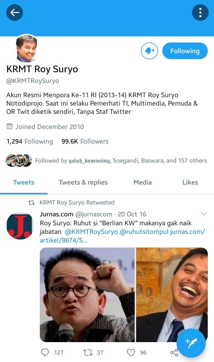 Maaf,
Akun saya yg benar2 ASLI adalah yg <a href="/KRMTRoySuryo2/">KRMT Roy Suryo</a> ini (pengganti <a href="/KRMTRoySuryo/">KRMT Roy Suryo</a>), sedangkan akun dgn kata2 "asli" tsb Fake Account, tidak usah dimention apalagi difollow.
Kasus InsyaaAllah tetap lanjut, kita coba percaya <a href="/CCICPolri/">Direktorat Tindak Pidana Siber Bareskrim Polri</a> &amp; <a href="/DivHumas_Polri/">Humas Polri</a> 
Terimakasih ....