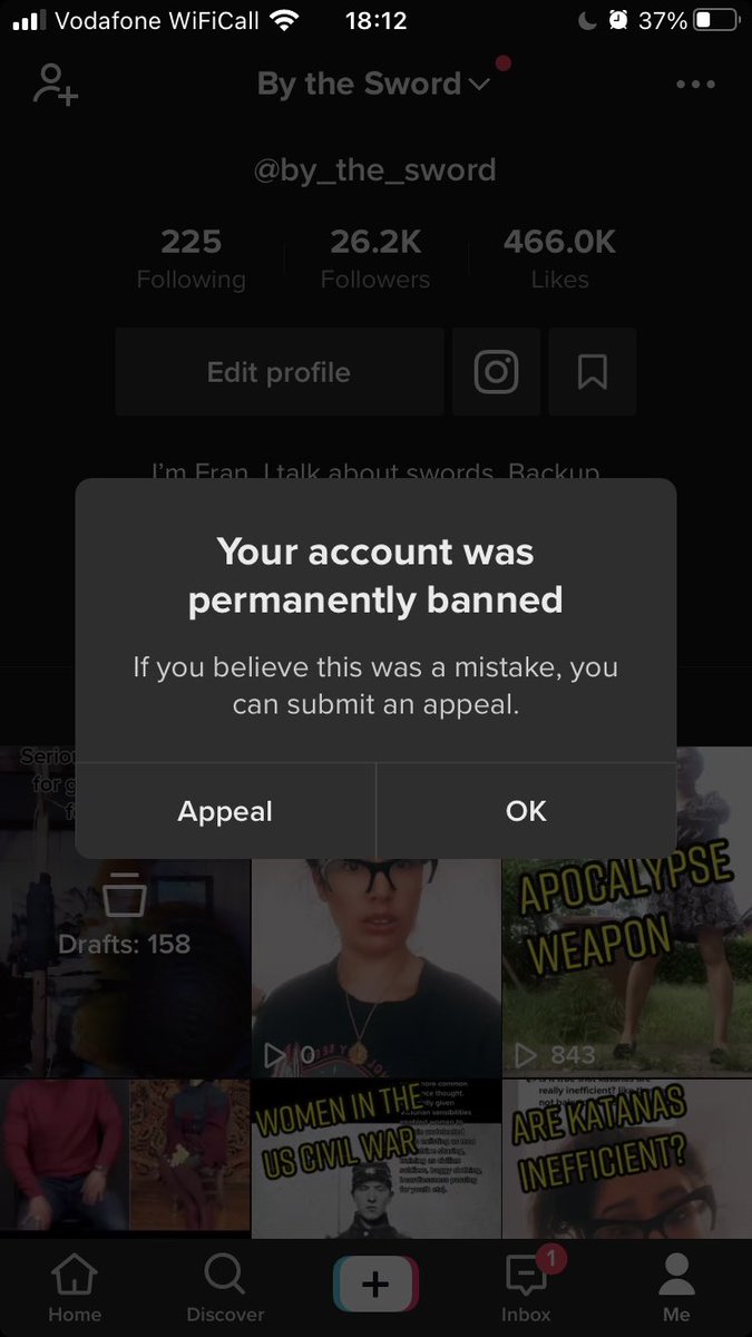 BytheSword3's tweet photo. My Tiktok got permanently banned. Appeal submitted but if you want to help please write to communitymanager@tiktok.com with the subject line “reinstate by_the_sword” and say nice things. Thanks 😊 #tiktok #banned #hema #swords https://t.co/XRFt3z2WKK