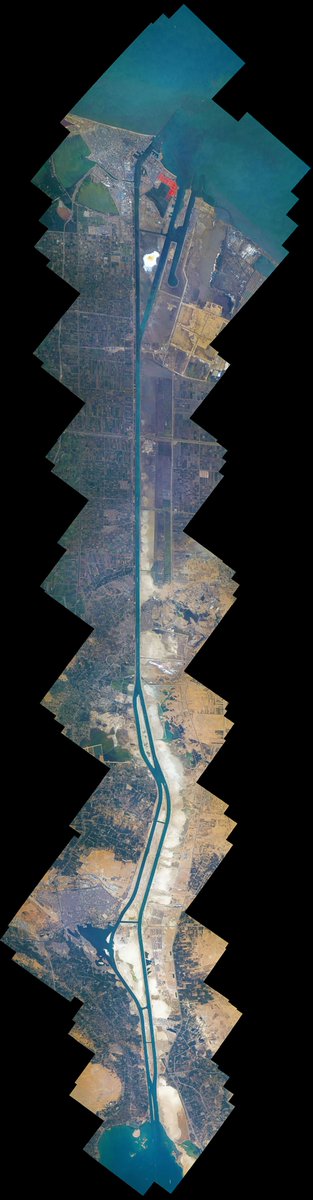 Thom_astro's tweet photo. The #Suez canal complete – stitched together from 100 pictures with the highest zoom possible. Yes, you should be able to see the #Evergiven (anchored to the side) in this collage! 🚢🚢🚢🚢 #BigPicture
https://t.co/1AvYZ3xxxD https://t.co/pKPZdN8oUe