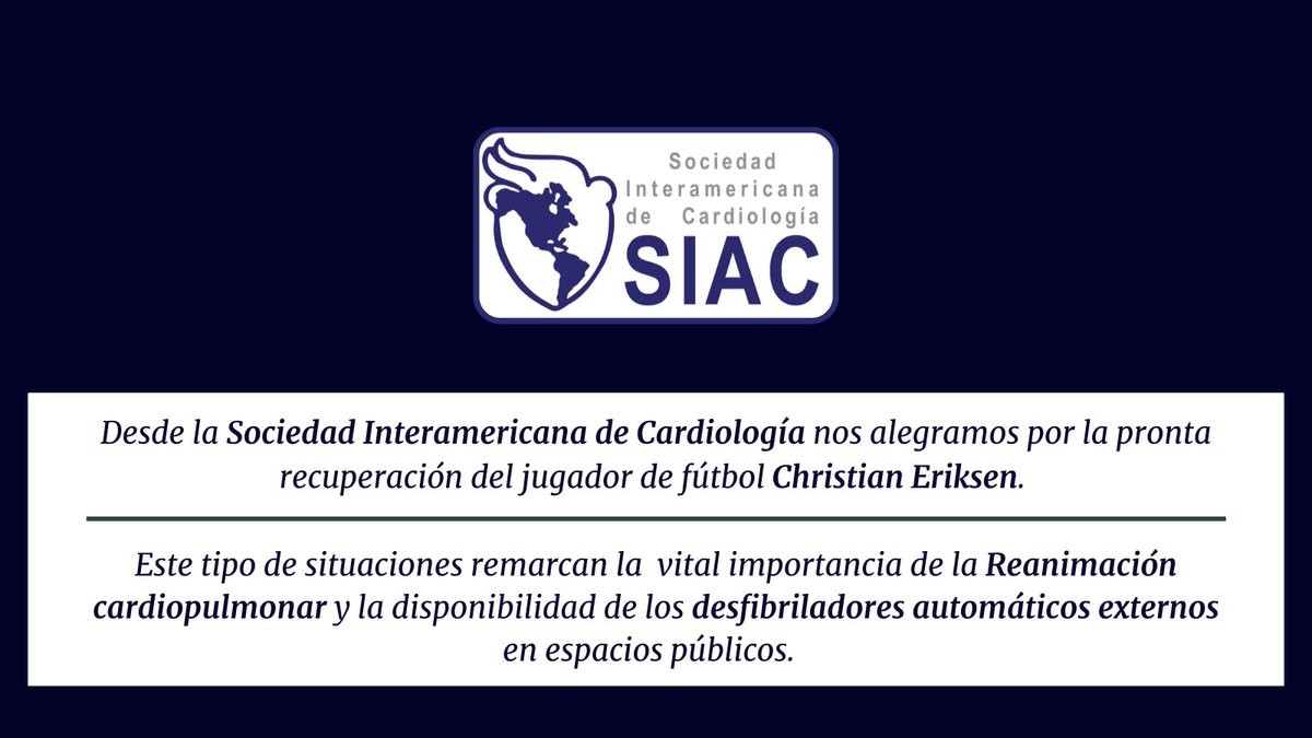SIAC (@siac_cardio) on Twitter photo Desde SIAC nos alegramos por la recuperación del jugador de fútbol danés <a href="/ChrisEriksen8/">Christian Eriksen</a>
La #RCP y los #DEA en espacios públicos salvan vidas Desde SIAC nos alegramos por la recuperación del jugador de fútbol danés <a href="/ChrisEriksen8/">Christian Eriksen</a>
La #RCP y los #DEA en espacios públicos salvan vidas