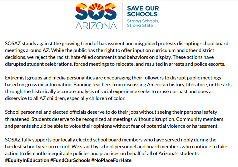 arizona_sos's tweet photo. Read our statement on harassment &amp; protests at school board meetings across AZ: https://t.co/3vSgbSeZe2