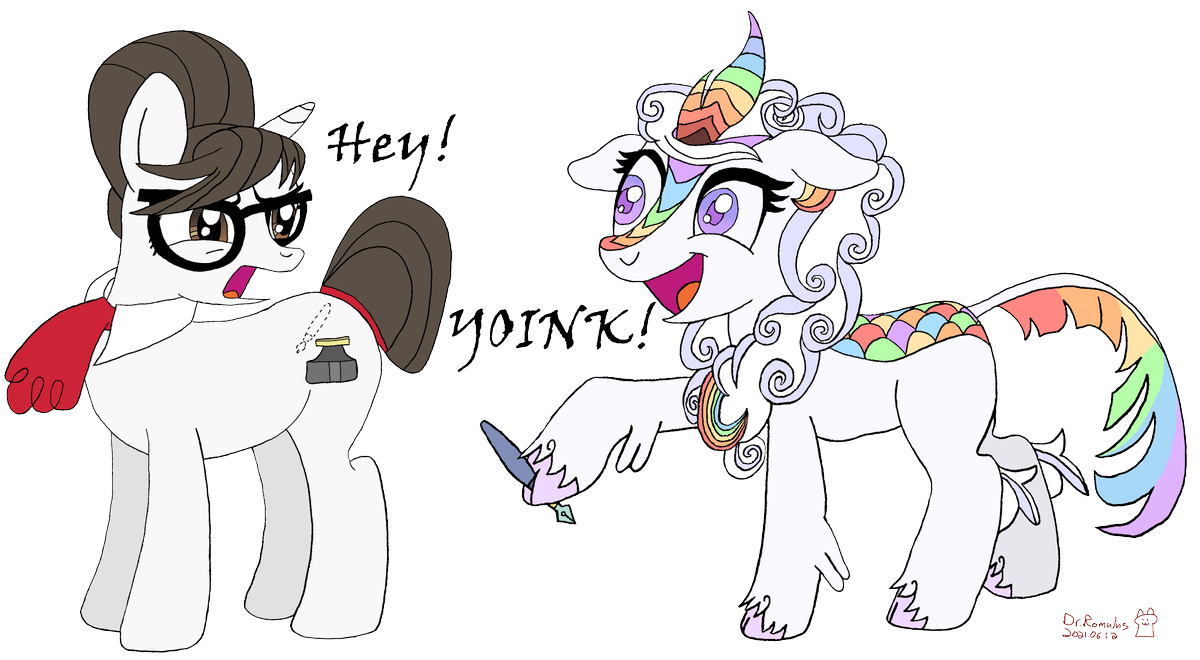 romulus_dr's tweet photo. It's Background Pony Day in @Manechat_Net so here's my art challenge entry: Cloudy Canvas stole the pen right off of Raven's cutie mark! #mylittlepony #artchallenge #manechat https://t.co/F6iVjFy08Q