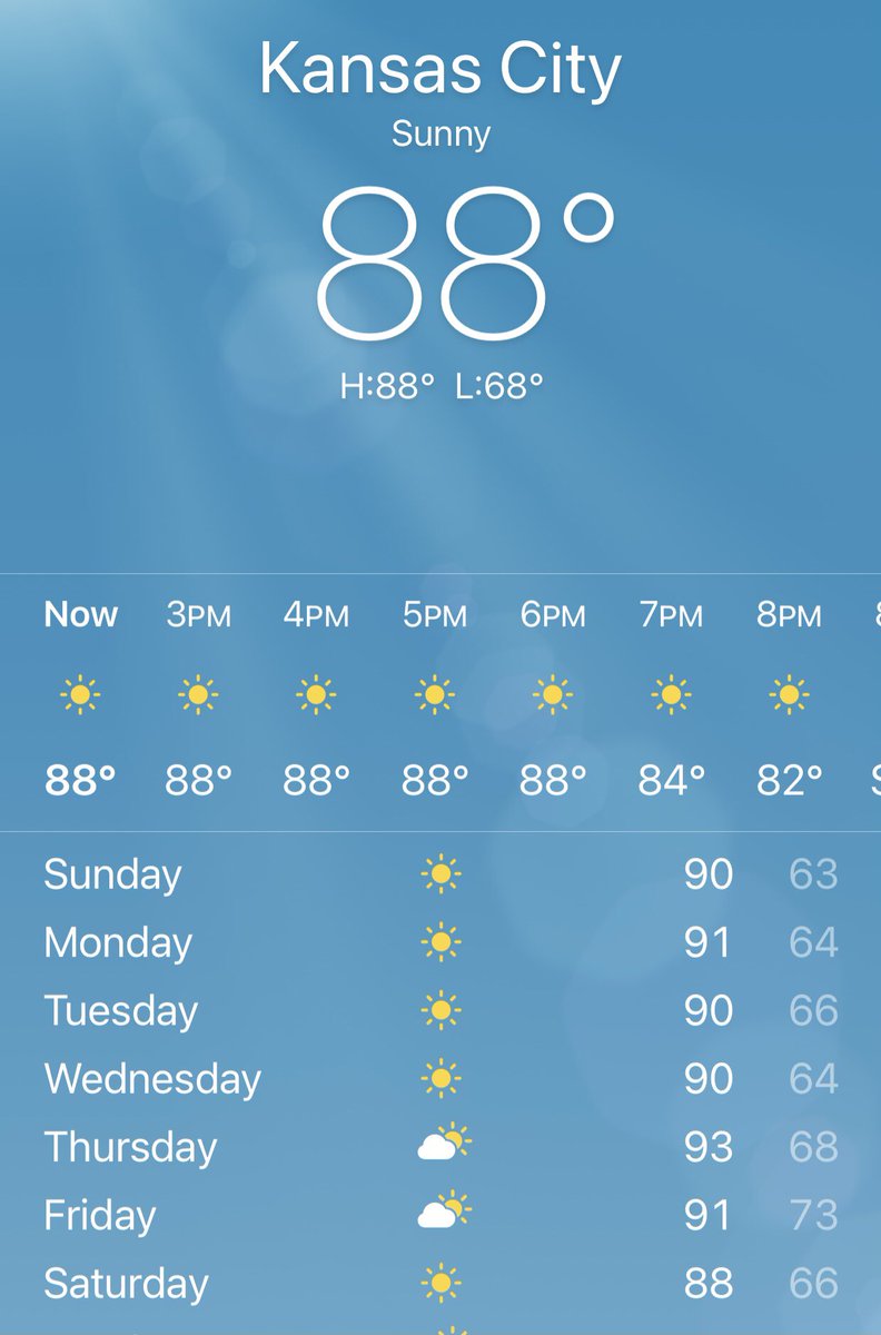 EmilyHolwick's tweet photo. This forecast is giving me life๐๐ผโ๏ธwhat do you think, perfect weather or too hot? #soakingupsummer #sunshine @kmbc https://t.co/EH4Ec7jUG3