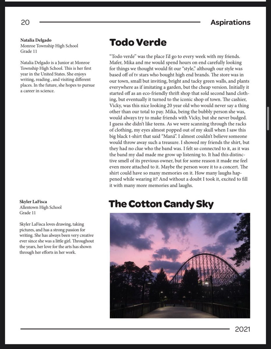 Hats off to junior Skyler LaFisca, whose photography was featured in #Aspirations 2021 edition! Also congrats to my mom’s student, Natalia Delgado, from <a href="/MonroeTwpHS/">Monroe Township High School Falcons</a>, whose prose appears on that very same page! What a coincidence! <a href="/kaiserchertok_d/">Diana Kaiser</a> #nextlevelredbirds