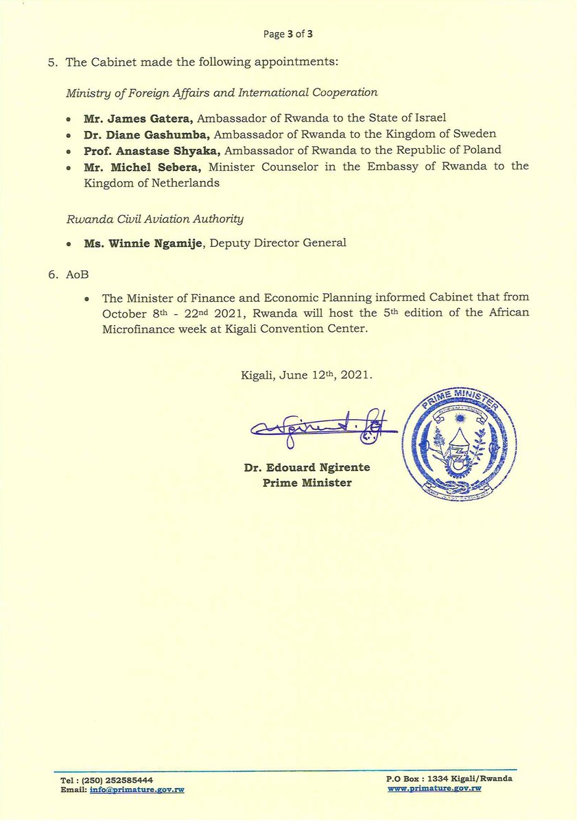 PrimatureRwanda's tweet photo. Statement on Cabinet Resolutions of 12/06/2021 https://t.co/MHwMZHLe9h
