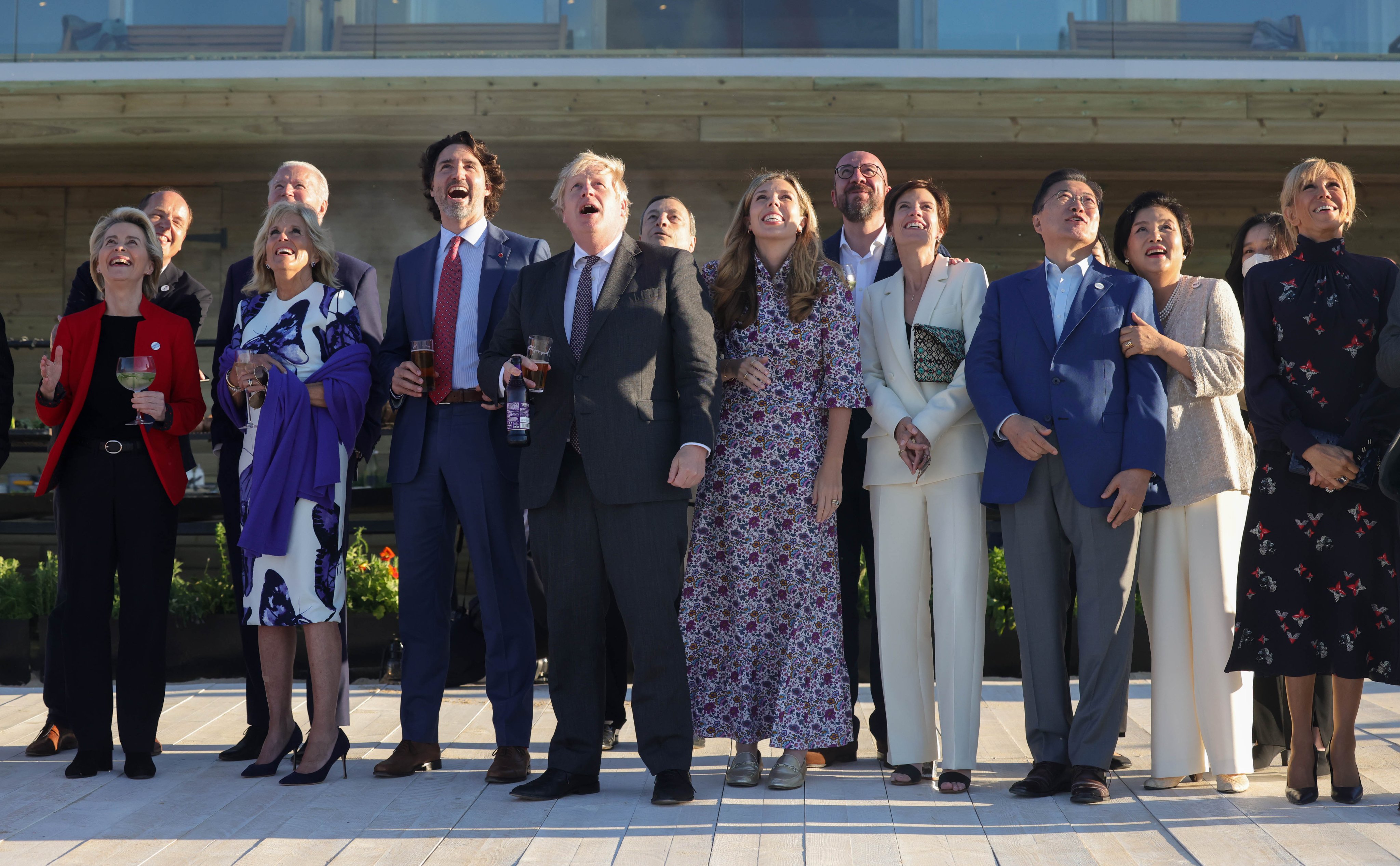 G7 leaders watching the Red Arrow flypast.