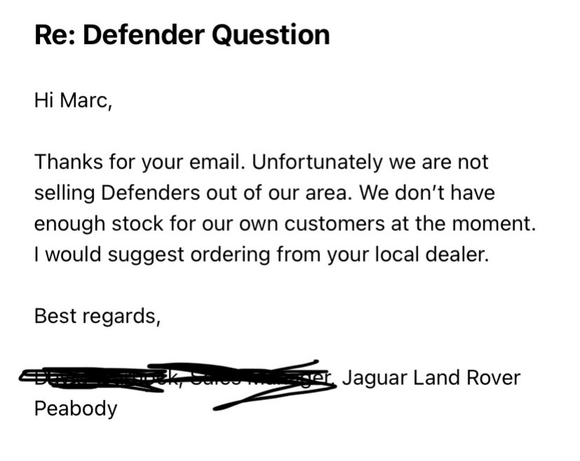 Imagine trying to buy a @LandRoverUSA and being told no, cause you don’t live in the area.
