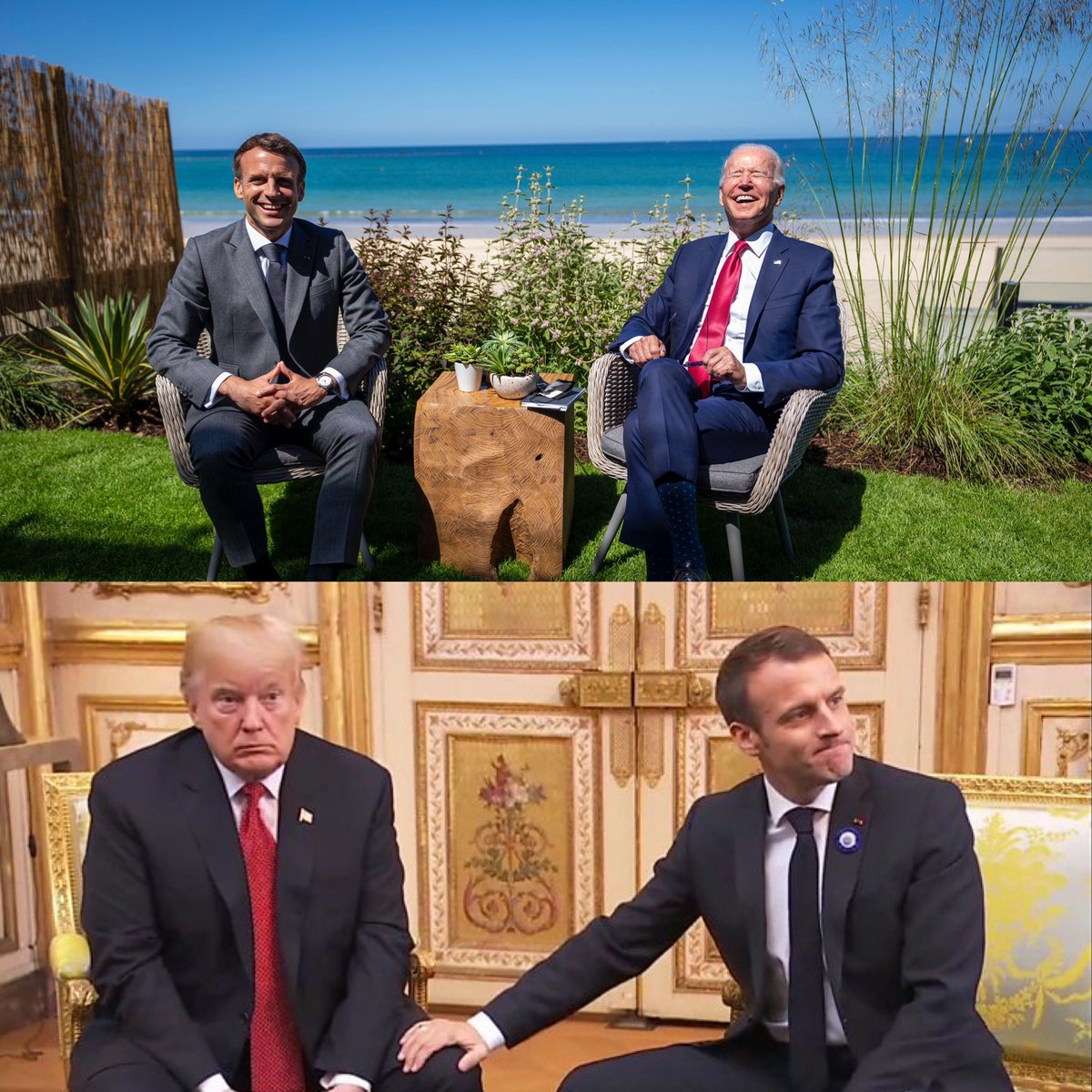 And here’s Macron looking utterly delighted he does not have to provide adult supervision for a US President, like being responsible for keeping a toddler in his seat. 3/3