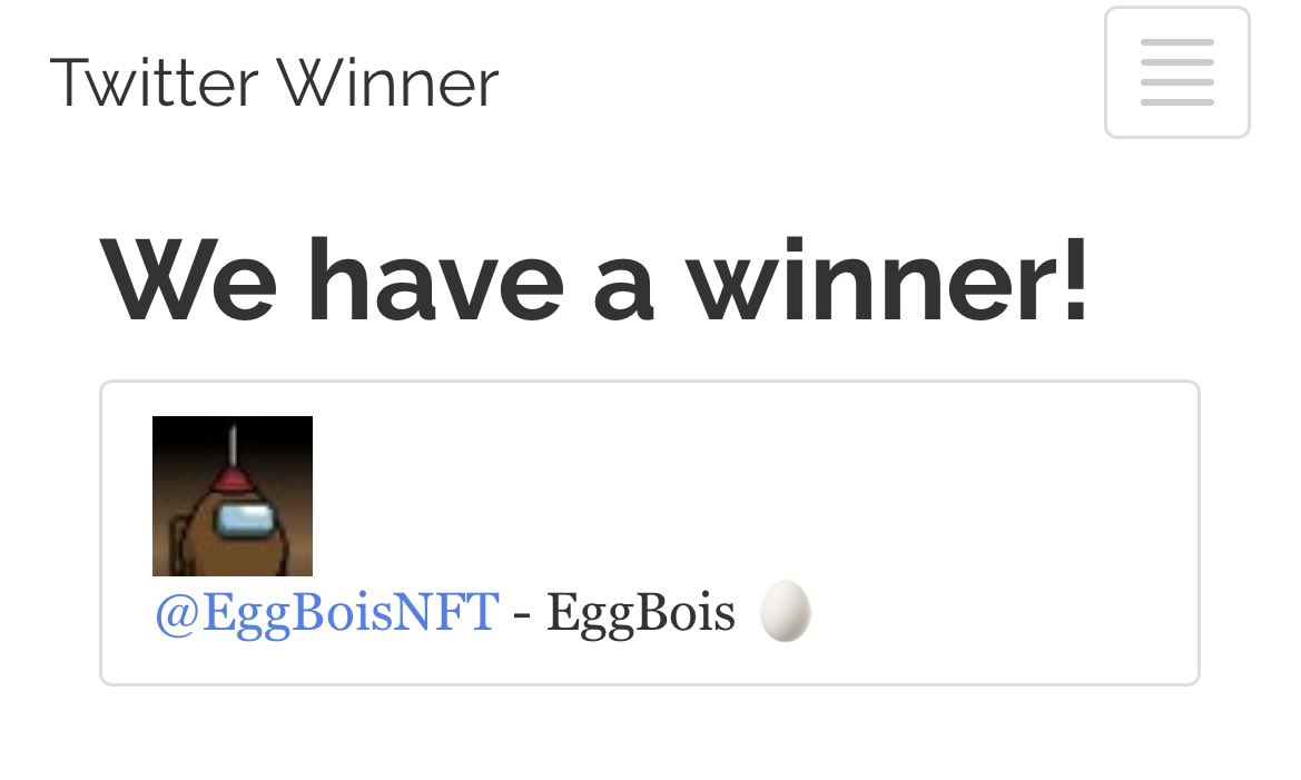 🚨GIVEAWAY WINNER ALERT🚨 

Congratulations to <a href="/EggBoisNFT/">EggBoi🥚</a>!!🎉🎉 

You have won the first ever giveaway! 

Please DM me to redeem 

#NFTGiveaway #NFTCommunity #NFT #NFTcollectibles
