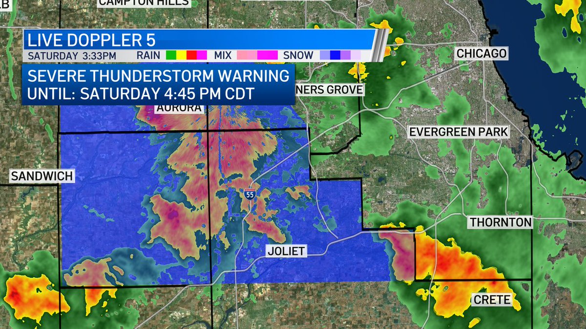 The Severe THunderstorm Warning has now been expanded to include all of Kendall county and Northern Will county until 4:45pm. Storm cells are capable of producing 60 mph wind gusts and small hail as well as heavy rain and frequent lightning.