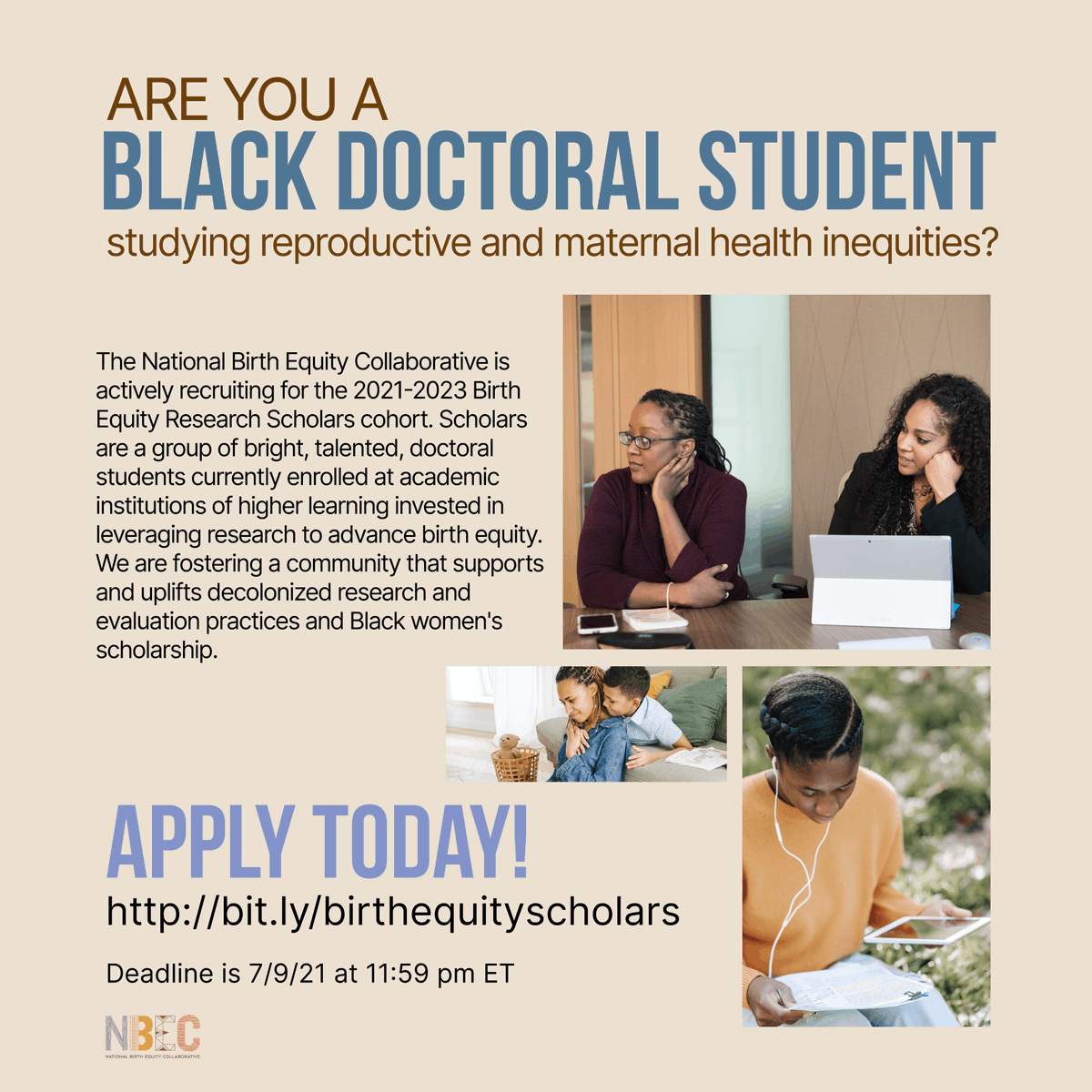 Do you know anyone that is a Black doctoral student studying reproductive and maternal health inequities? Please share! We are actively recruiting our next cohort of Birth Equity Scholars.

Deadline: 7/9/2021
Apply here: bit.ly/birthequitysch…

#birthequity #maternalhealth