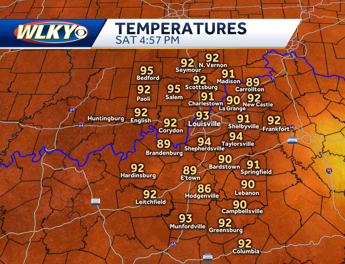 WLKYMoRose's tweet photo. The heat index has reached 102° in some places! Corydon &amp; Seymour...y'all ok, over there? 🥵🥵🥵 #WLKY #Weather #SaturdaySweats https://t.co/DZBqh6MVh7