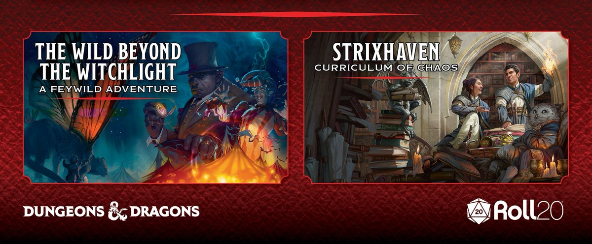 Two BIG <a href="/Wizards_DnD/">Dungeons & Dragons</a> releases are now available for pre-order, each for the limited-time price of $29.99! 

With VTT integration, Compendium expansions, and more, Strixhaven: Curriculum of Chaos &amp; The Wild Beyond the Witchlight are best on Roll20. 

roll20.io/wild-strixhave…