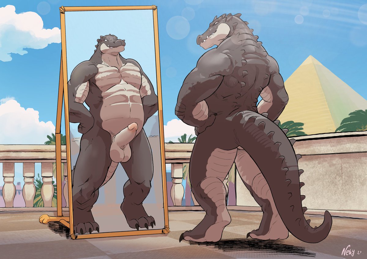 My croc character Silas enjoying the sun and himself in the mirror.
This amazing art was completed by <a href="/negnegger/">Negy 🍆</a>