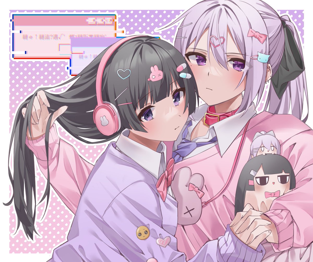 higuchi kaede ,tsukino mito multiple girls 2girls headphones hair ornament black hair purple eyes ponytail  illustration images