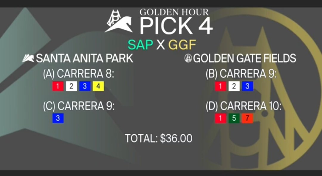 CanalHipicaTV's tweet photo. #Hipismo 
Sábado #12Junio , aquí pueden ver los tickets preparados por nuestro equipo para el #GoldenHourPick4 y el #GoldenHourDouble en 
@santaanitapark y @GGFracing https://t.co/ZGVmQCwbWK