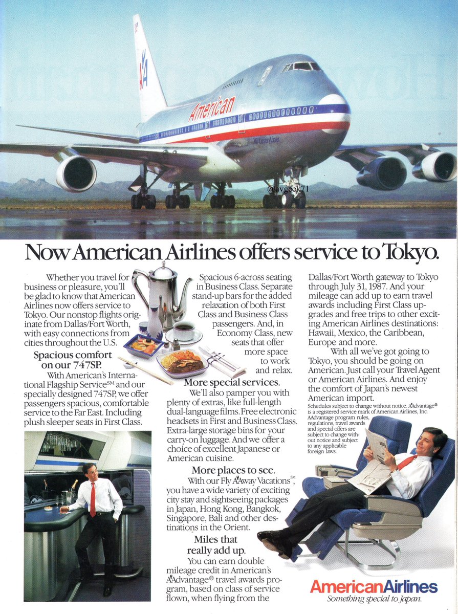 American Airlines - "Something special to Japan" on a Boeing #747SP. July, 1987. #avgeek #avgeeks #travel #frequentflyer #AmericanAirlines #FirstClass #B747