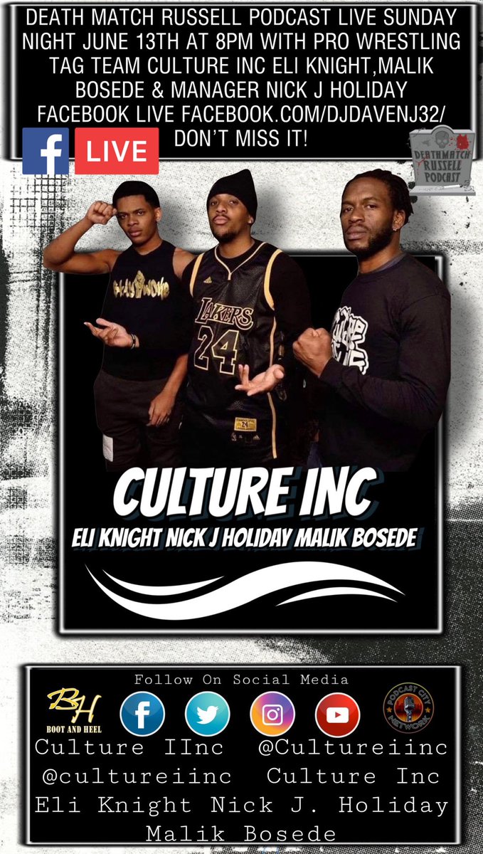 Davidnj32's tweet photo. Like Share Retweet! #CultureInc #EliKnight #NickJHoliday #MalikBosede #SupportIndyWrestling #SupportProWrestling #SupportLuchaWrestling #SupportDeathMatchWrestling
#DeathMatchRussellPodCast #PCN #BootandHeel https://t.co/1ChXUlDVoP