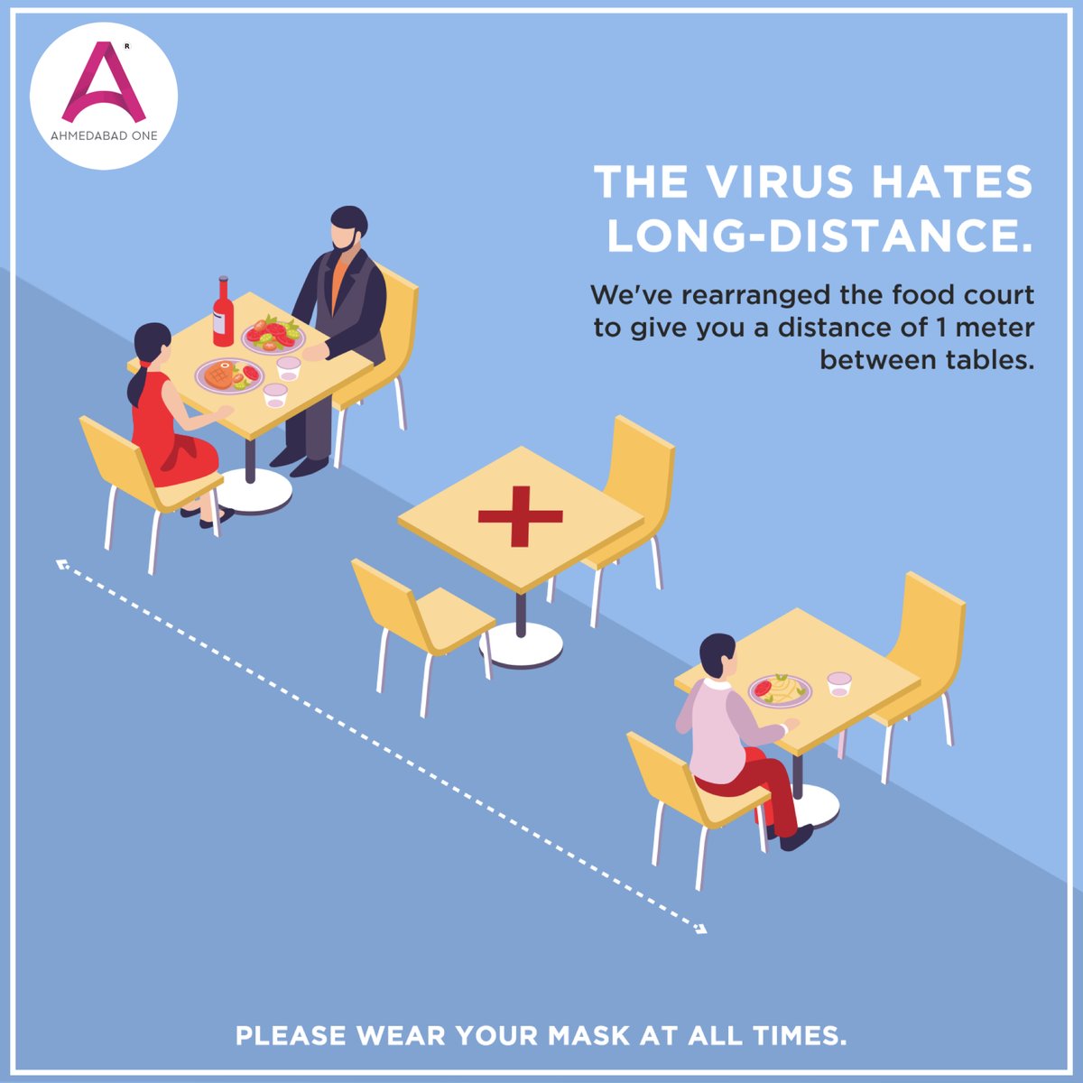 We'll go the extra-mile for your well-being. We are following social distancing norms and taking all necessary measures to keep you safe at #AhmedabadOne Mall. When are you visiting us? #IndianMalls #NexusMalls #MallsInAmdavad #Dinein #socialdistancing #staysafe
