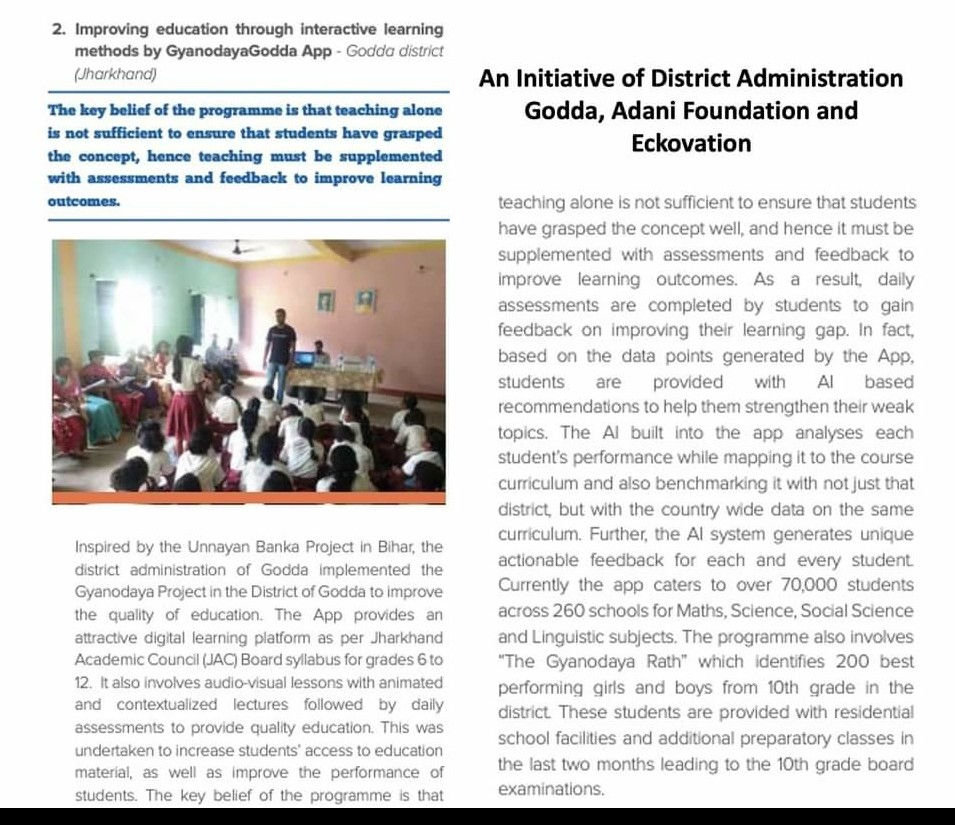 Proud moment for #GyanodayaGodda, #UNDP has published a report on Gyanodaya as a success story in their study of aspirational districts which was tweeted by PM Modi.
<a href="/AdaniPriti/">Priti Adani</a> <a href="/dcgodda/">DC Godda</a> thank you for your great support and congratulations :)

<a href="/EckovationApp/">Eckovation</a>
<a href="/AdaniFoundation/">Adani Foundation</a>