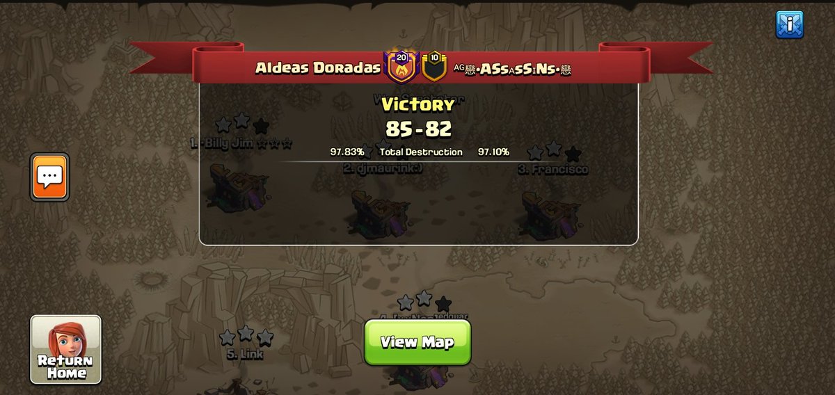 1ra Jornada de <a href="/FWL_CoC/">Friendly War League</a>
Nos llevamos la victoria🎉
Gracias al desempeño de todos los integrantes del Clan 💪. 
GG @AG_ASSASSINS 👏👏