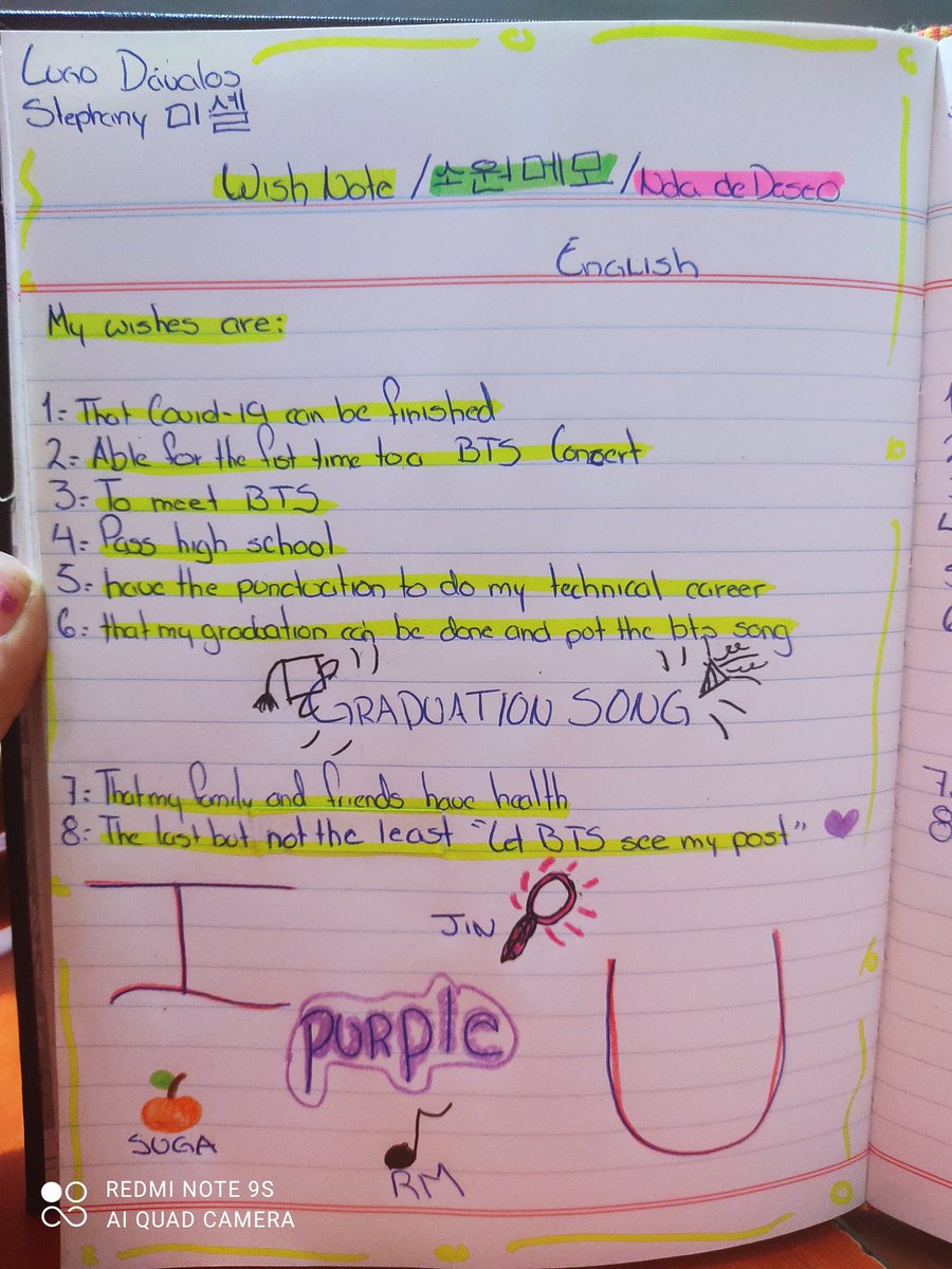 StephanyDvalos1's tweet photo. here is my wish note, with a lot of effort, I hope you like it 💜
여기 제 소원 노트입니다. 많은 노력을 기울여 마음에 드 셨으면 좋겠습니다 💜
aquí está mi wish note, con mucho esfuerzo, espero que les guste 💜
@BTS_twt #BTS8thAnniversary #wishnote https://t.co/5LrNhhUV15