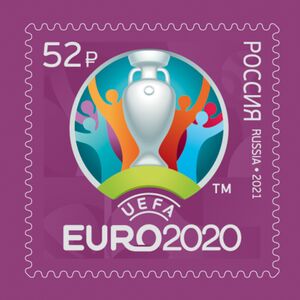 #EURO2020 #Logo #Russian #Stamp features the #logo which depicts ##HenriDulaunaytrophy surrounded by celebrating Fans on a Bridge which symbolizes how #footballconnects and #Unifies people. #Philately #StampsonEURO2020 #RussianPhilately