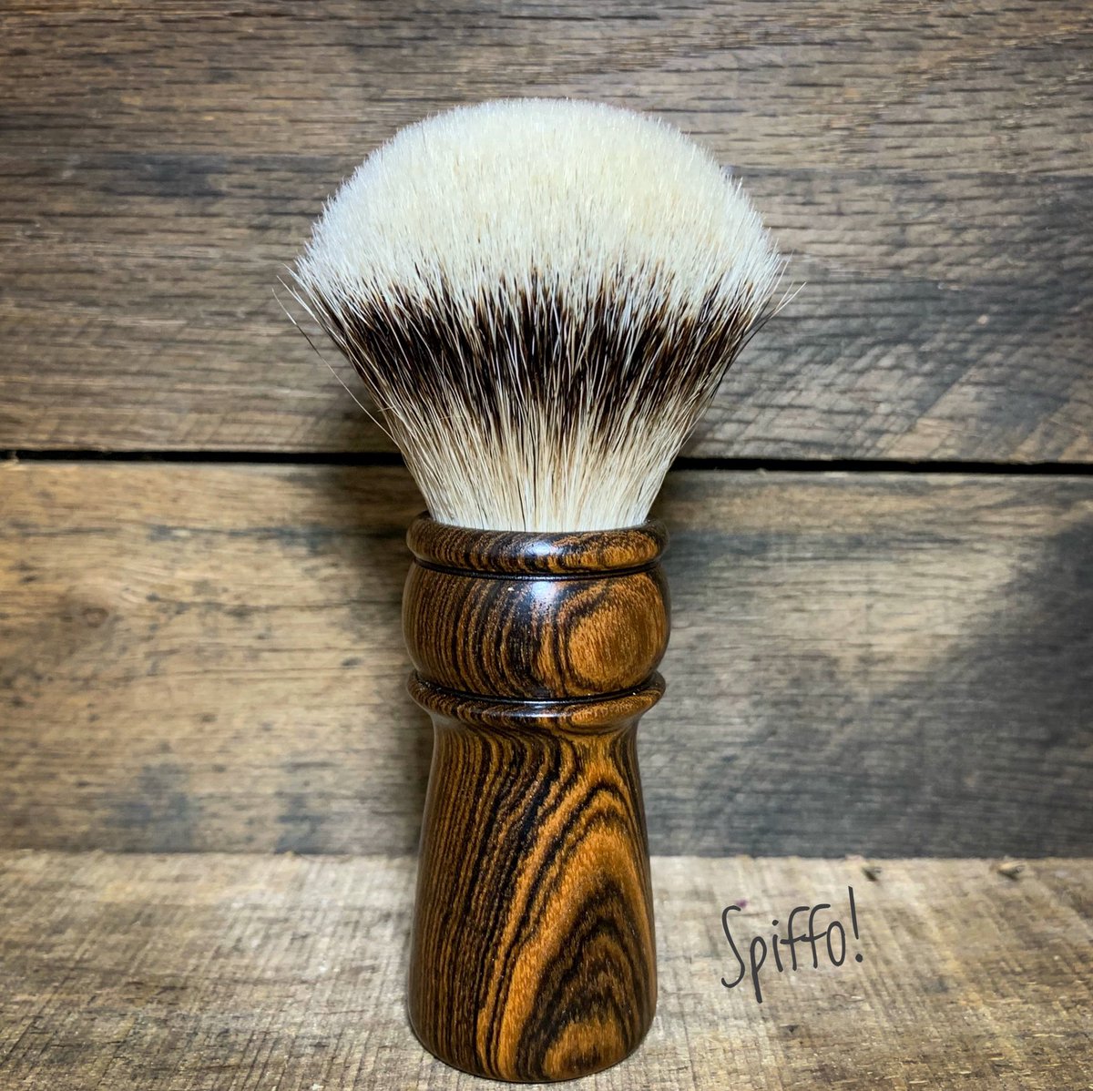 Spiffoman's tweet photo. The beautiful handle of Bograne is made of Bocote, an exotic wood from Mexico and South America. It is topped with a complementing High Mountain White knot 😎 #shavingbrush #shavebrush #shavingbrushes #spiffo #spiffoman #shaveoftheday #shaving #wetshaving #madeinhalifax #halifax https://t.co/Zk0zyPwk8H