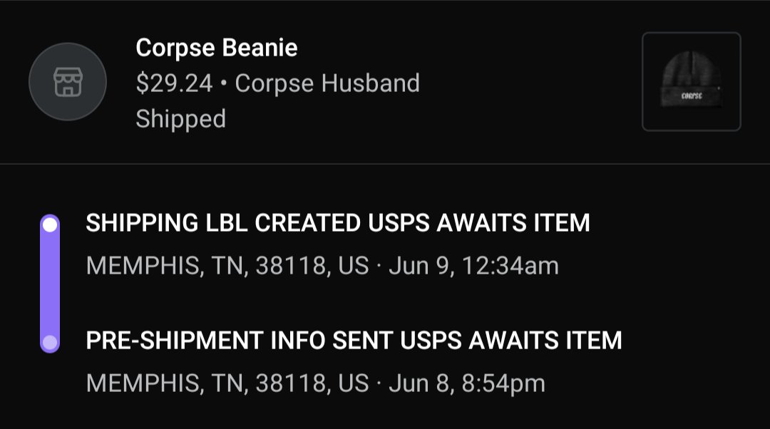 _AriAesthetix's tweet photo. Has anyone gotten tracking on their #corpsemerch yet? My beanie has been at a stand still since the 9th 🙃 I'm hoping to get it before vacation 😭😭 https://t.co/NO1ecl7huO