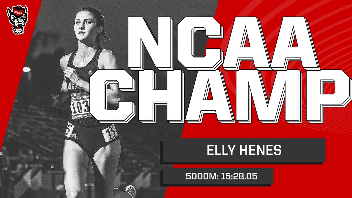 Wolfpack_TFXC's tweet photo. 𝙀𝙇𝙇𝙔 𝙃𝙀𝙉𝙀𝙎. 𝙉𝘼𝙏𝙄𝙊𝙉𝘼𝙇 𝘾𝙃𝘼𝙈𝙋𝙄𝙊𝙉.

Elly runs an absolutely incredible 5000m race to become our first women's individual national champion in any event since 2002! She runs a 15:28.05 to claim her first NCAA title!

#GoPack #NCAATF https://t.co/zyTFWXxlvM