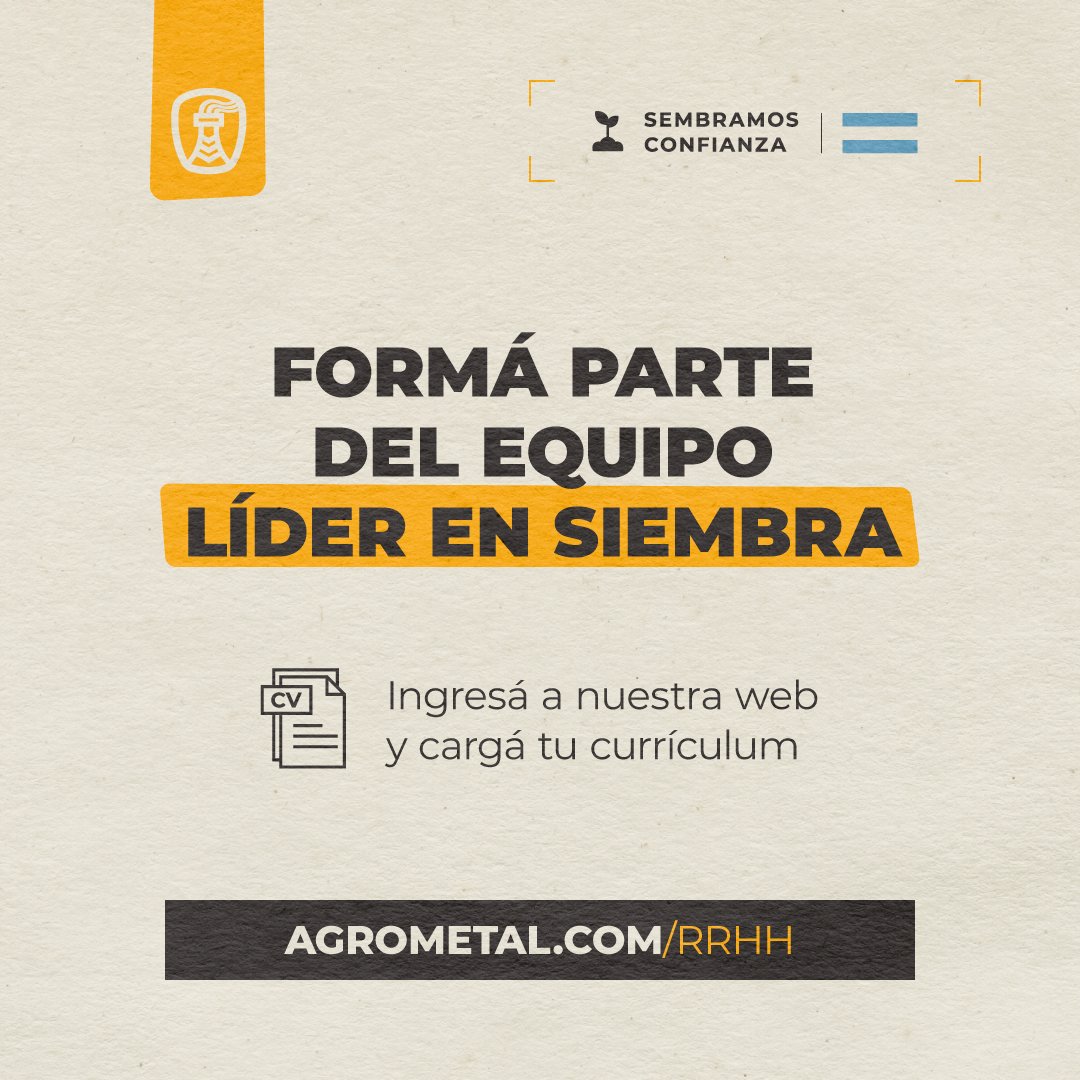 #TeEstamosBuscando Forma parte del #EquipoLíderEnSiembra!. Ingresa en nuestra web y carga tu cv! agrometal.com/rrhh