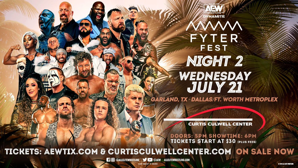 All Elite Wrestling (@aew) on Twitter photo Dallas Metro Area get ready #AEWDynamite RETURNS to Garland, Texas on Wednesday, July 21 for #FYTERFEST Night 2 LIVE broadcast of Dynamite from the <a href="/CulwellCenter/">CurtisCulwellCenter</a>. Tickets start at $30 each (plus fees)!
🎟️ liveaew.com/3gidohy Dallas Metro Area get ready #AEWDynamite RETURNS to Garland, Texas on Wednesday, July 21 for #FYTERFEST Night 2 LIVE broadcast of Dynamite from the <a href="/CulwellCenter/">CurtisCulwellCenter</a>. Tickets start at $30 each (plus fees)!
🎟️ liveaew.com/3gidohy