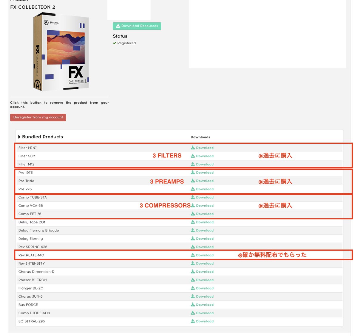 TomoyaJuku's tweet photo. 赤枠のところは過去に持ってたんだけど、
それ以外、の収録量が多くて
『€99』の吸引力が。。。
特に『Delay Tape 201』が収録されているのが
『決め手』で御座いました。。。涙
あぁ、プラグインの断捨離中なのに。。。orz
#Arturia
#FXCOLLECTION2 https://t.co/DckpO6uA7W
