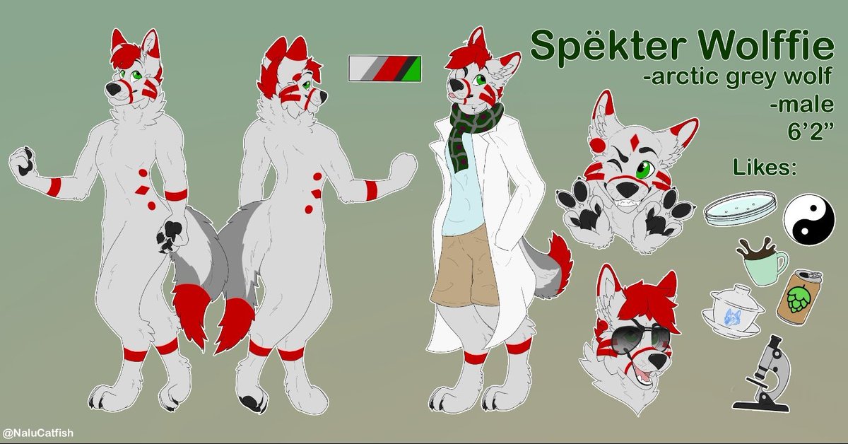 microbewolf's tweet image. I finally have an updated official reference sheet of my fursona! Thank you so so much @NaluCatfish for bringing my boy to life! Spëkter represents me and my personality, and I am so glad to have an official reference of him now. Thank you again!!!!