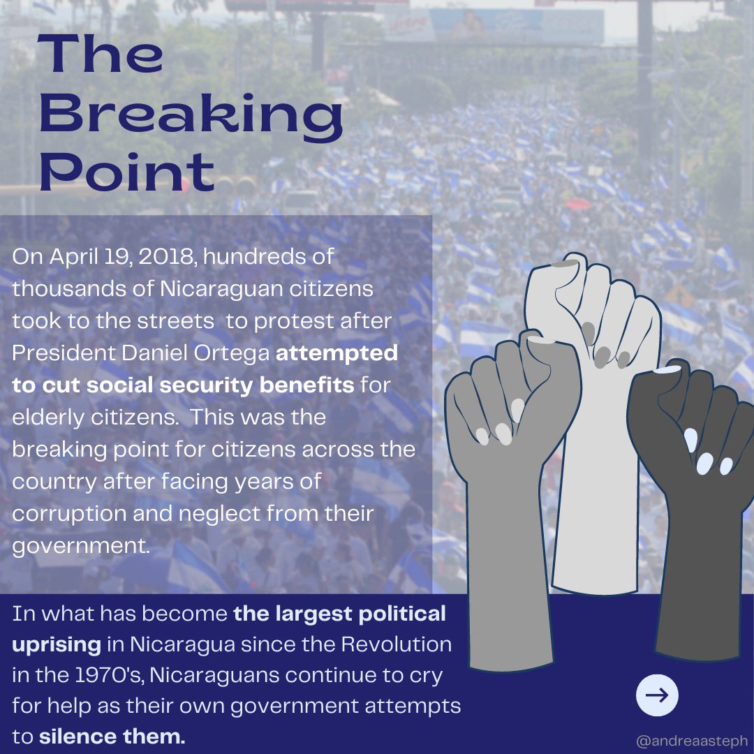 andreaprego's tweet image. Posting this on Twitter as well to continue to spread awareness on the situation in #Nicaragua. 

For over 3 yrs, there have been uprisings against president #DanielOrtega who has completely demolished democracy in the country. Tap on the photos to learn more 👇🏼
#SOSNicaragua🇳🇮