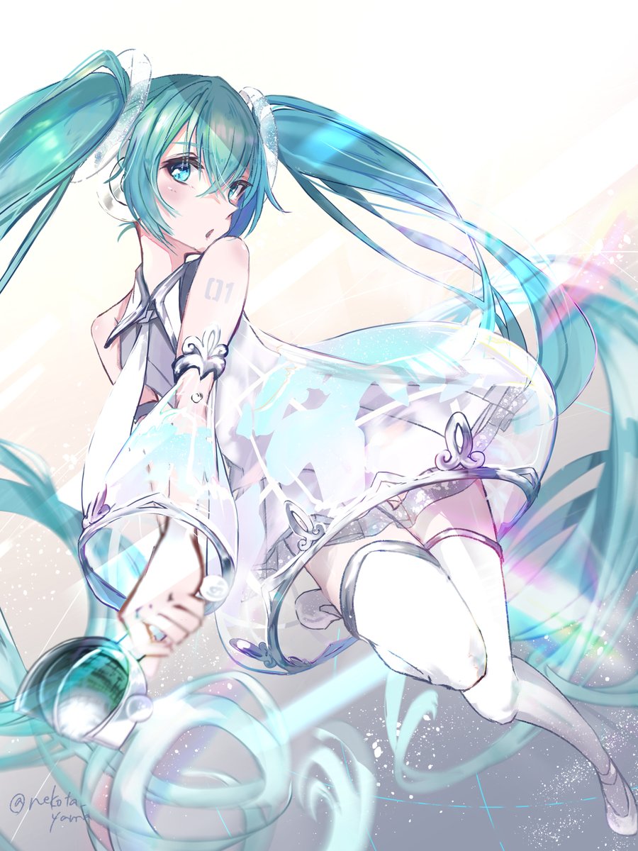 hatsune miku 1girl solo long hair twintails thighhighs microphone very long hair  illustration images