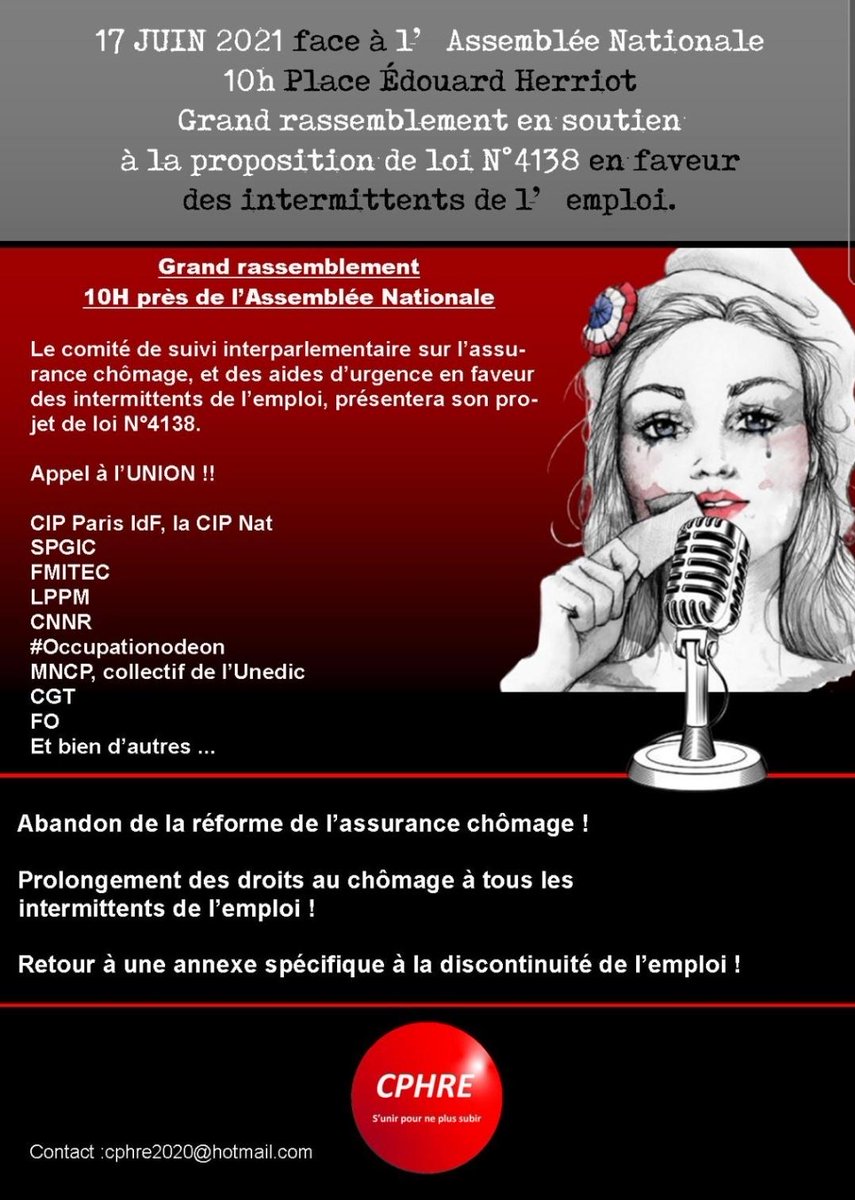 Proposition de loi pour des mesures d’urgence vitale pour les intermittents de l’emploi, 
Rdv ce jeudi à 10 h, place Edouard Herriot, devant l’Assemblée Nationale.