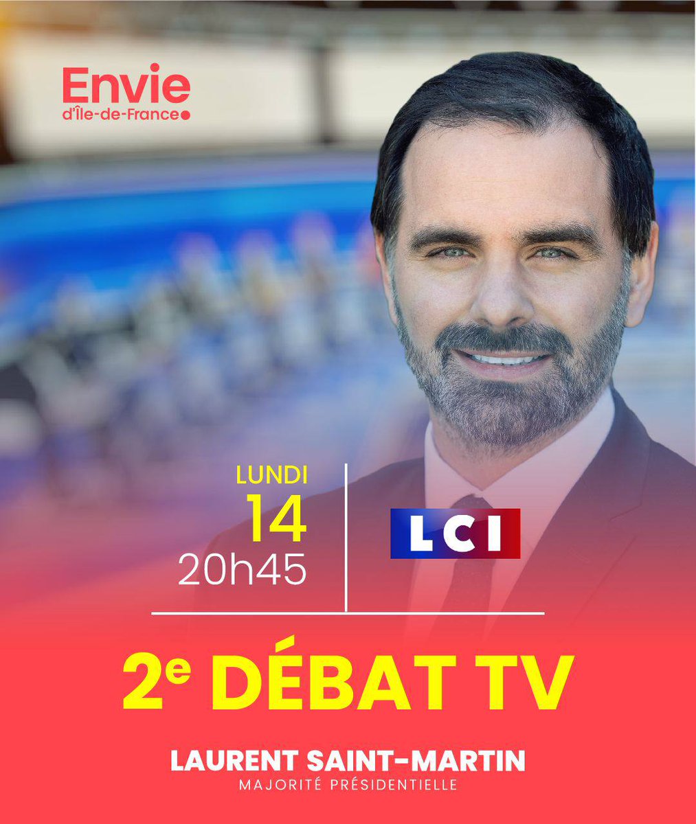 IDF_MP's tweet image. Ce lundi 14 juin, à 20h45, se tient sur LCI le deuxième débat TV entre les têtes de liste pour l&apos;élection régionale francilienne.
#EnvieIDF
#LaurentSaintMartin