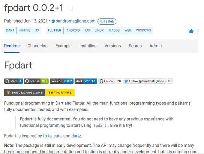 Offical pub page for fpdart package