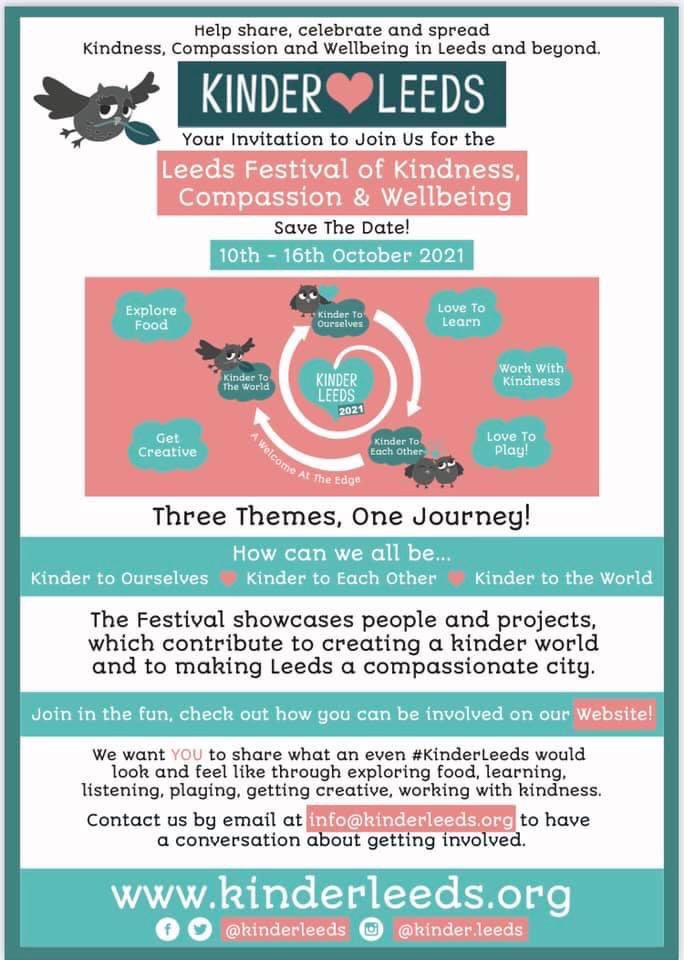 Come and join in the next #KinderLeeds Festival of Kindness, Compassion and Wellbeing Oct 10-16th 
Share, celebrate and learn what a Kinder City looks and feels like. 
We need you 👌😊
kinderleeds.org