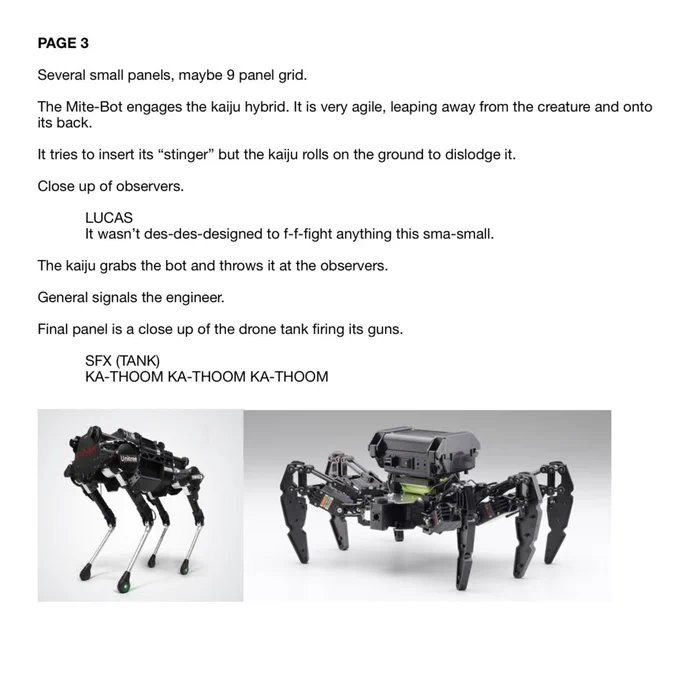 Here's another look at the collaborative process for another Stomped story from issue 2. Here's my script (same pages have a little more detail), which included some photo references. @Pradaldi sent me layouts and went a totally different (better) direction with the robot. 1/2 