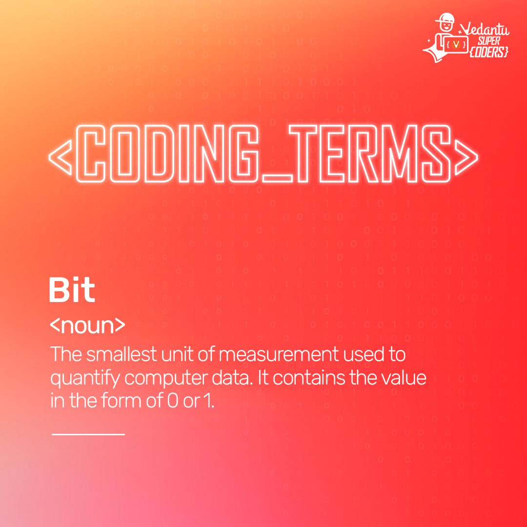 KidsVedantu's tweet image. The smallest ‘bit’ of info in coding. What’s your favourite coding language? 🖳
#codingterms #codingforkids #elearningdevelopment #basiccodingknowledge